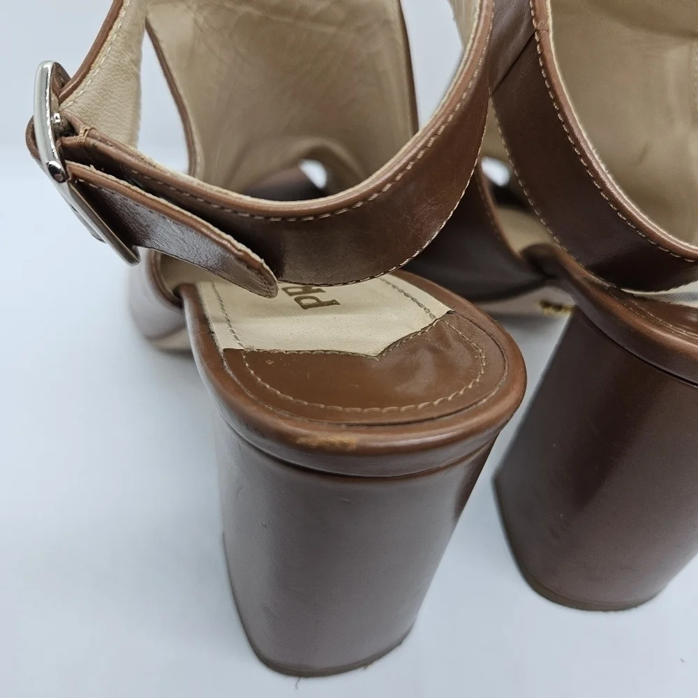 Prada brown leather peeptoe ankle wrap heel booties EU 38